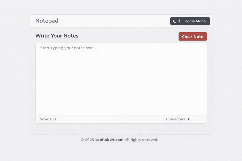 Notepad interface showing a clean writing area with dark and light mode options