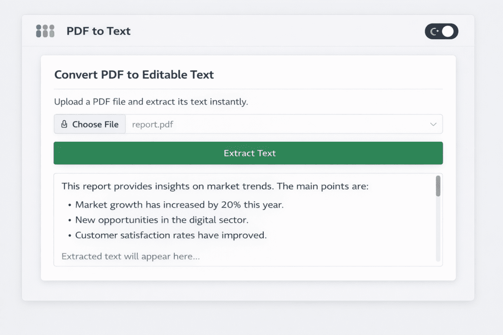 PDF TO TEXT converter interface showing PDF upload and extracted text output