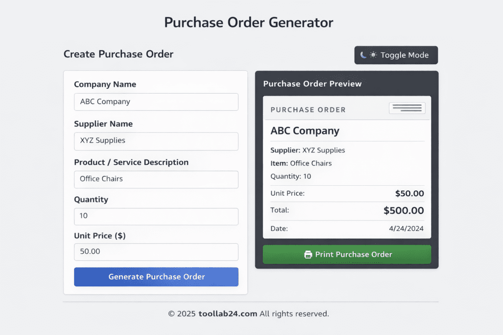 Purchase Order Generator interface showing purchase order preview with USD dollar total