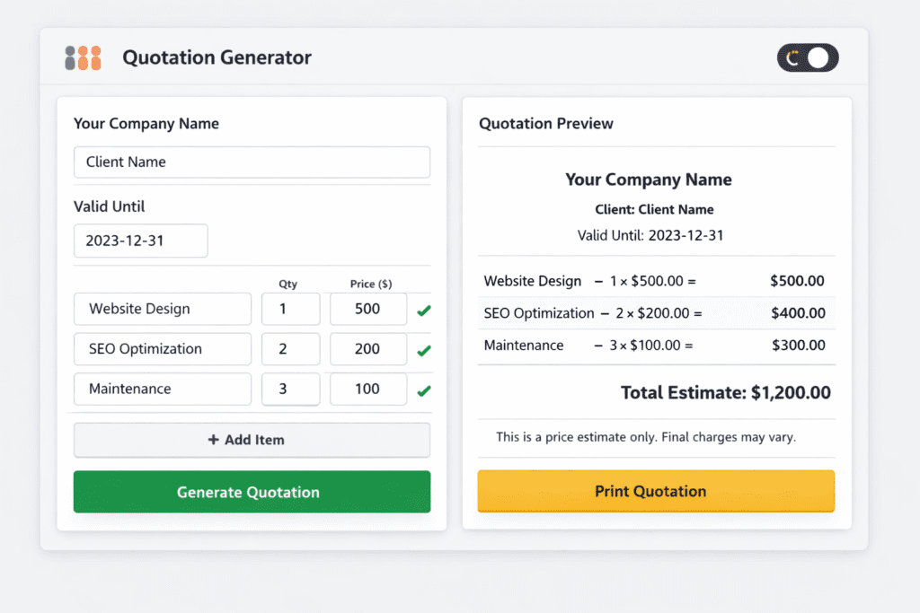 Quotation Generator interface showing company details, client name, item prices, and total estimate