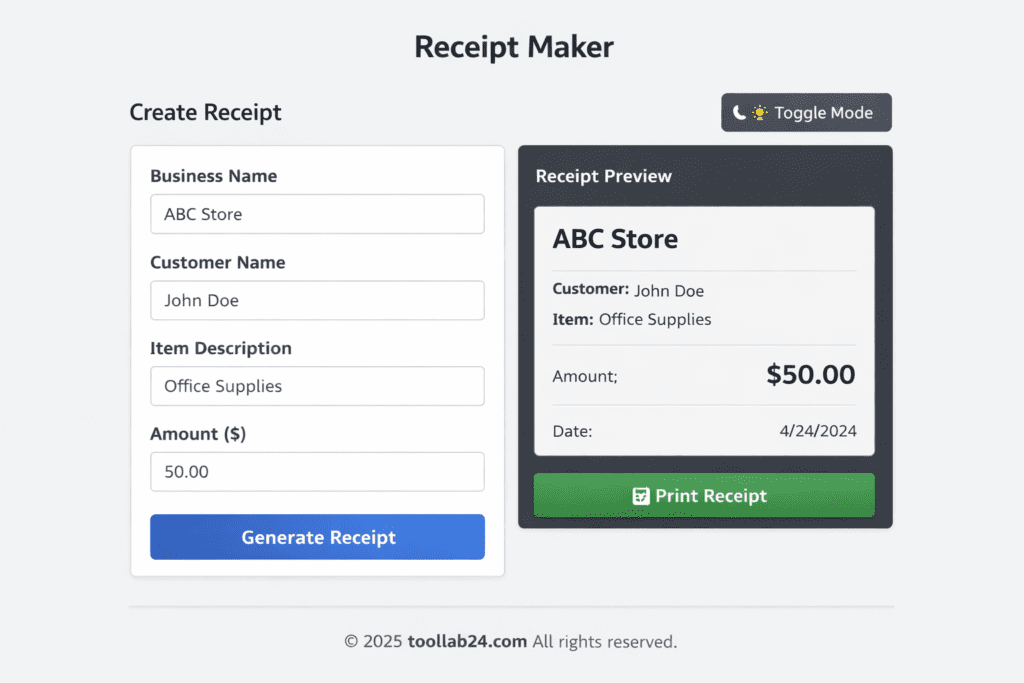 Receipt Maker interface showing receipt preview with USD dollar amount