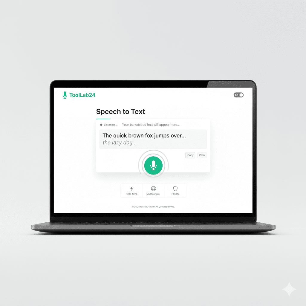 SPEECH TO TEXT interface showing live voice converted into text