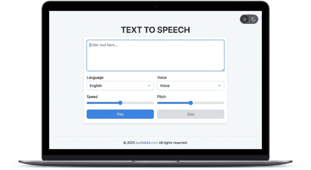 TEXT TO SPEECH interface showing text converted into voice output