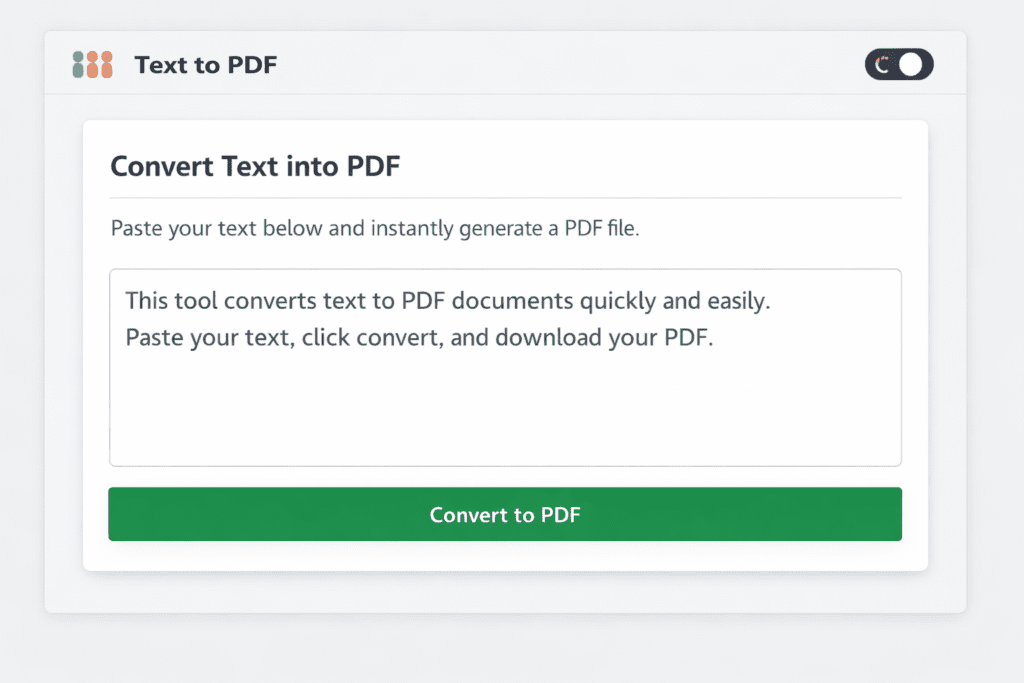 Text to PDF converter interface showing text input area and PDF download option