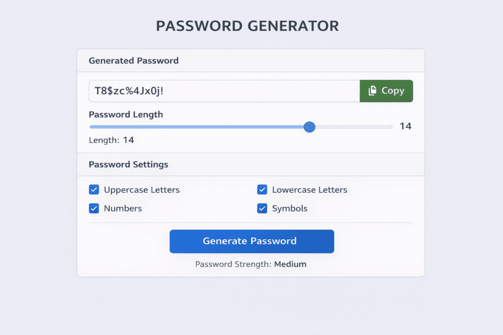 PASSWORD GENERATOR interface showing strong password creation options