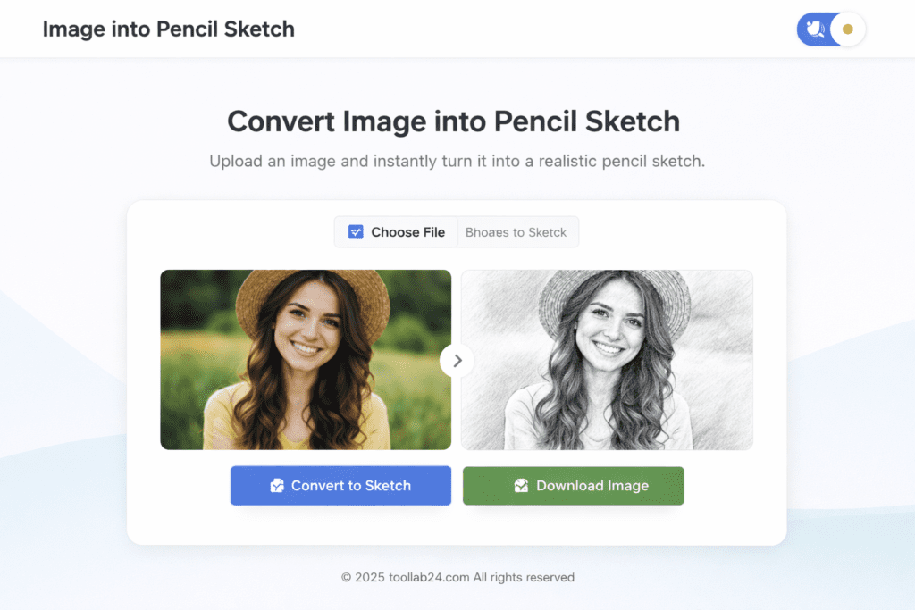 Image to Pencil Sketch tool showing original photo and converted pencil sketch with clear facial details
