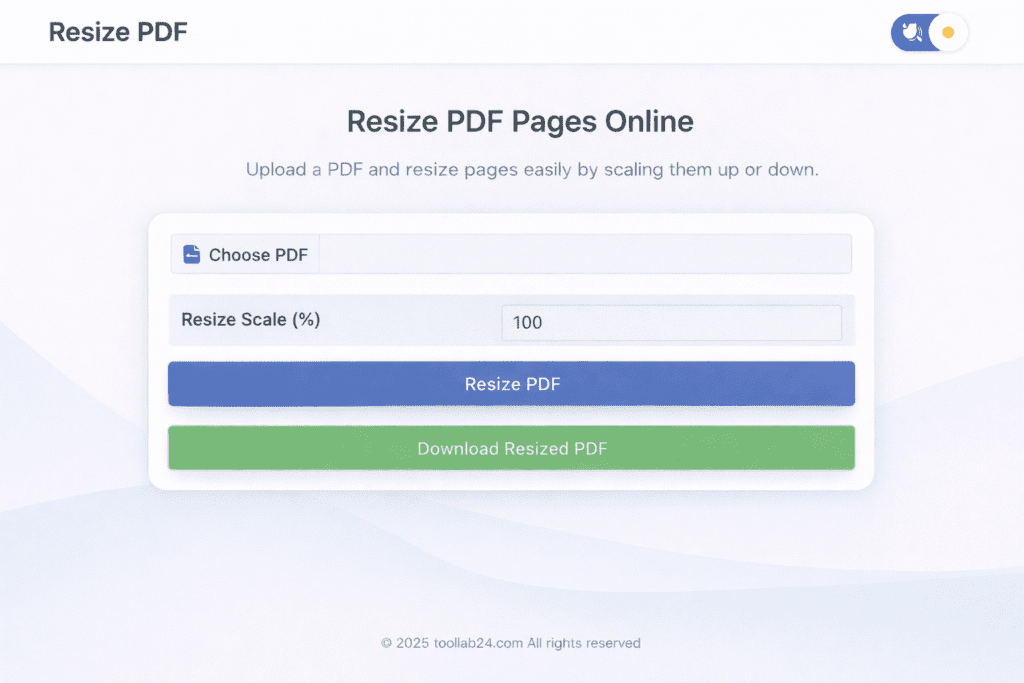 Resize PDF tool showing PDF upload option, page size selection, resize button, and clean dashboard layout