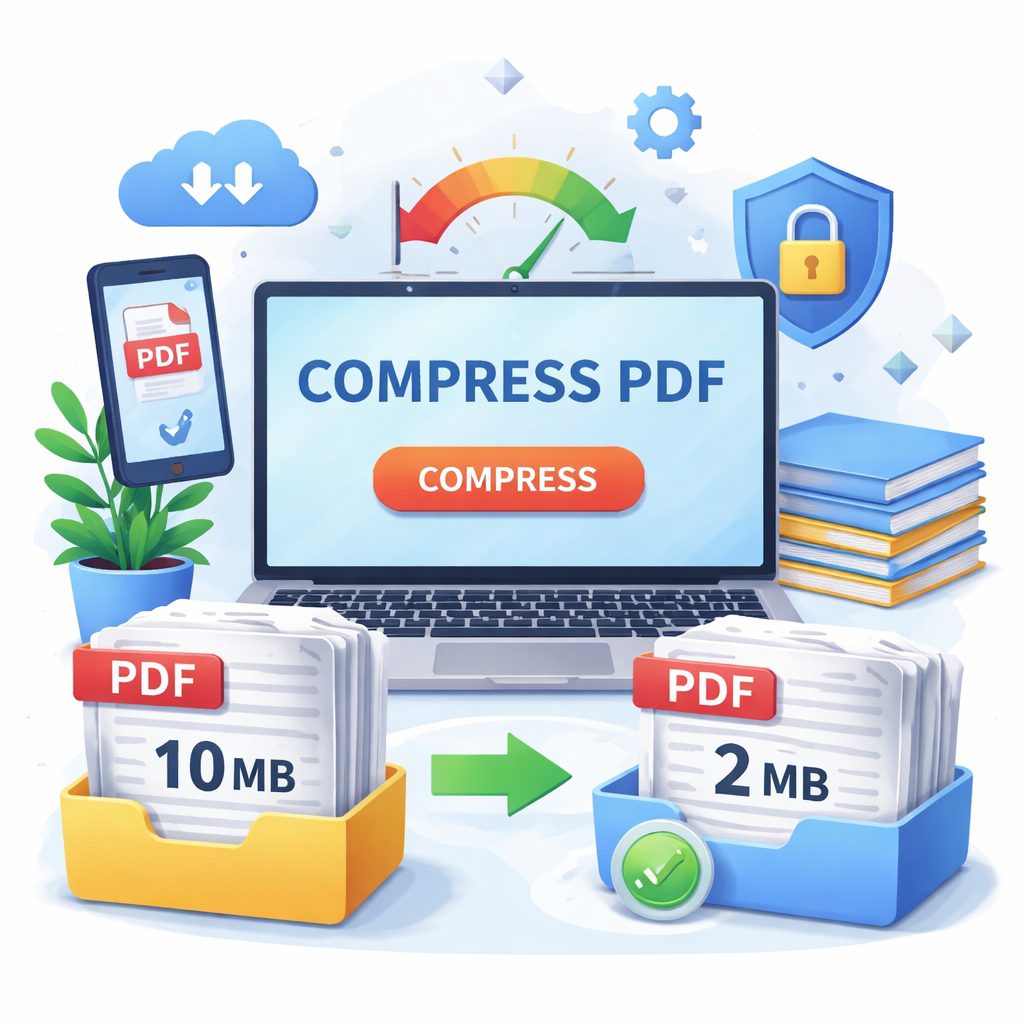 Visual illustration showing how to compress PDF files online for free by reducing file size from large to small without losing quality