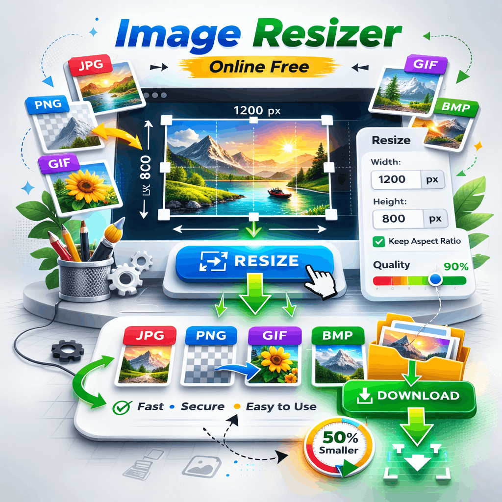 Online image resizer tool showing how to resize and optimize JPG, PNG, GIF, BMP, WebP, and SVG images with adjustable width, height, and quality settings.