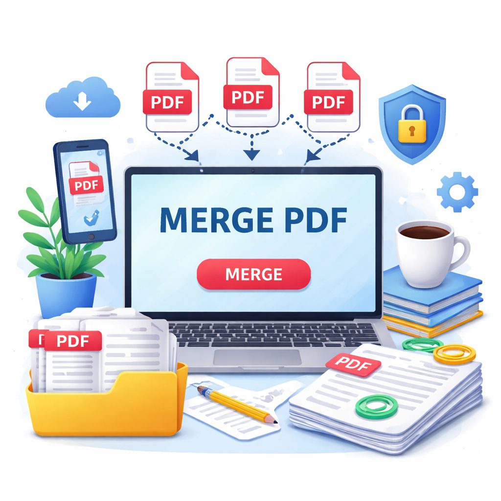 Illustration showing how to merge PDF files online for free using a simple and secure PDF merging tool