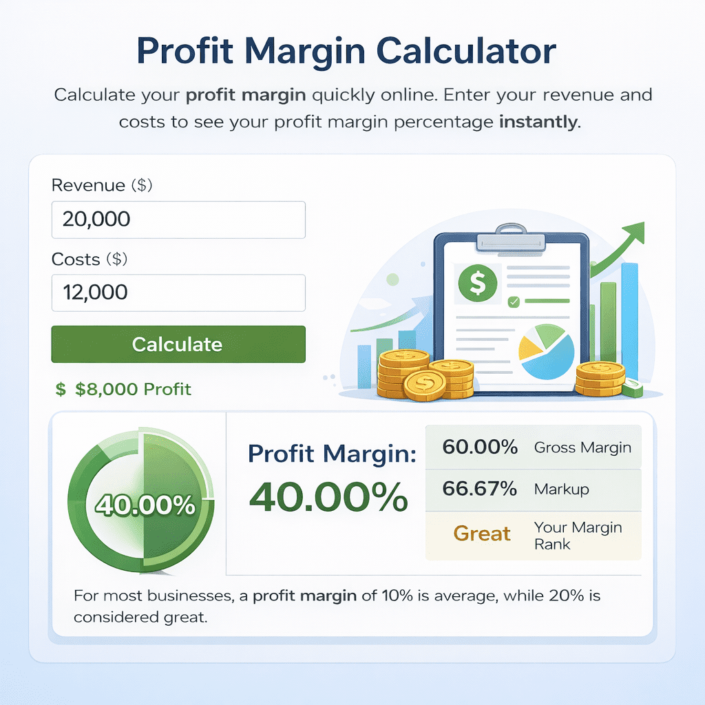 Profit Margin Calculator showing how to calculate profit margin percentage using an online margin calculator tool