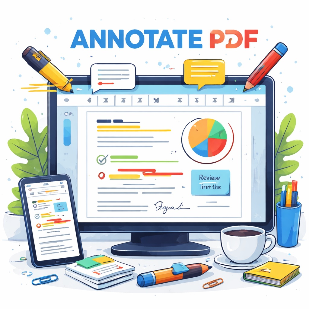 Illustration showing a computer screen with an annotated PDF document featuring highlights, comments, notes, and markup tools representing online PDF annotation and editing.