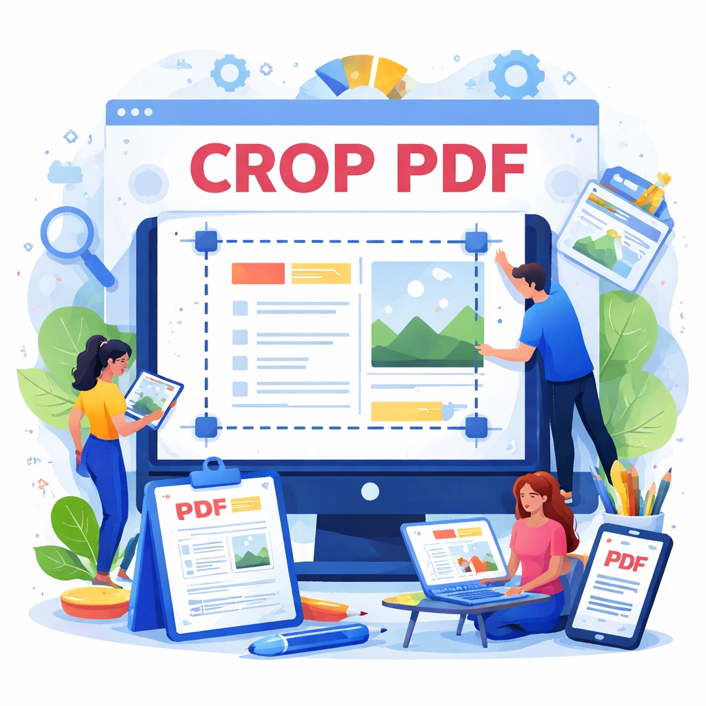 CROP PDF online free tool interface showing users trimming margins and resizing PDF pages with a PDF cropper.