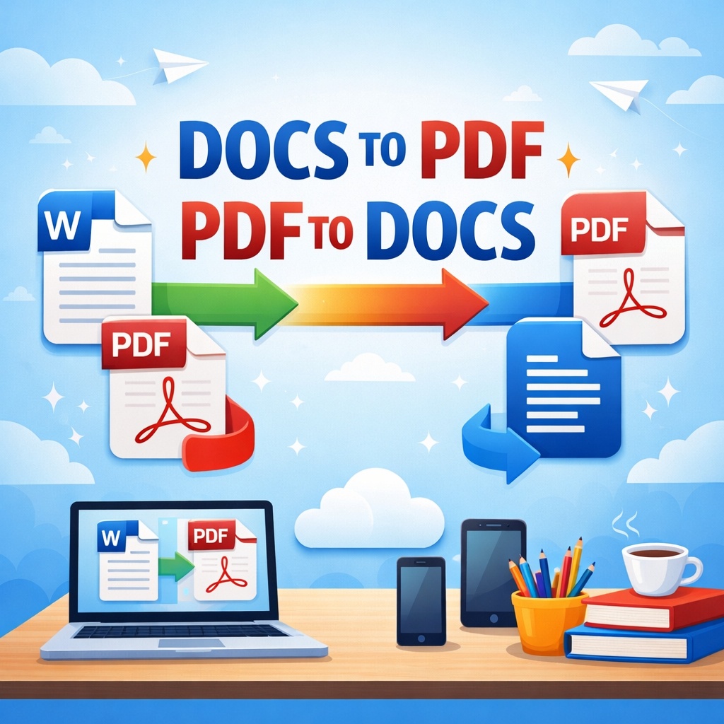 DOCS TO PDF - PDF TO DOCS converter illustration showing Word document converting to PDF and PDF converting back to DOCS for easy online file conversion.