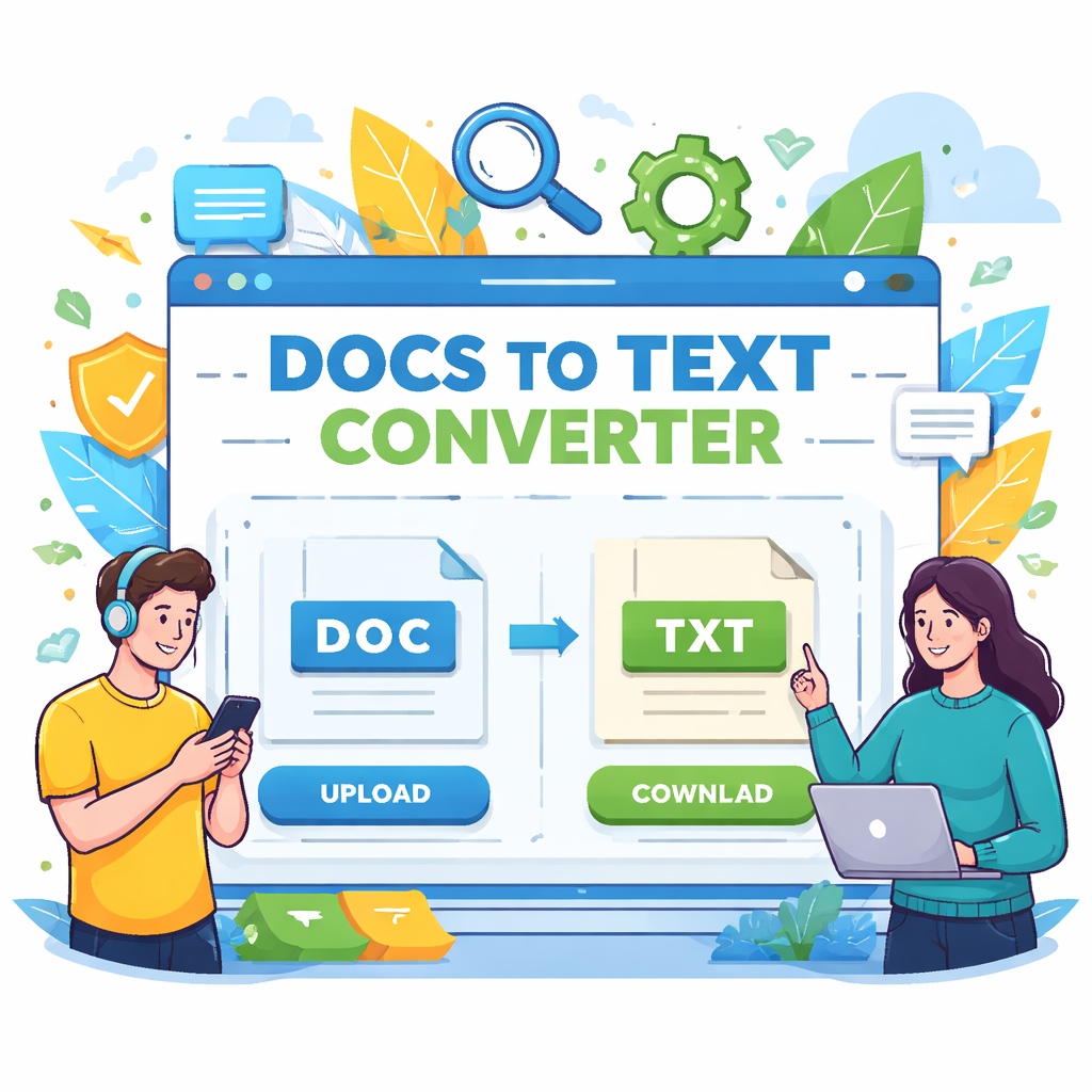 Illustration of a DOCS to TEXT converter online tool showing DOC file upload, conversion process, and TXT file download with users interacting on mobile and laptop devices.
