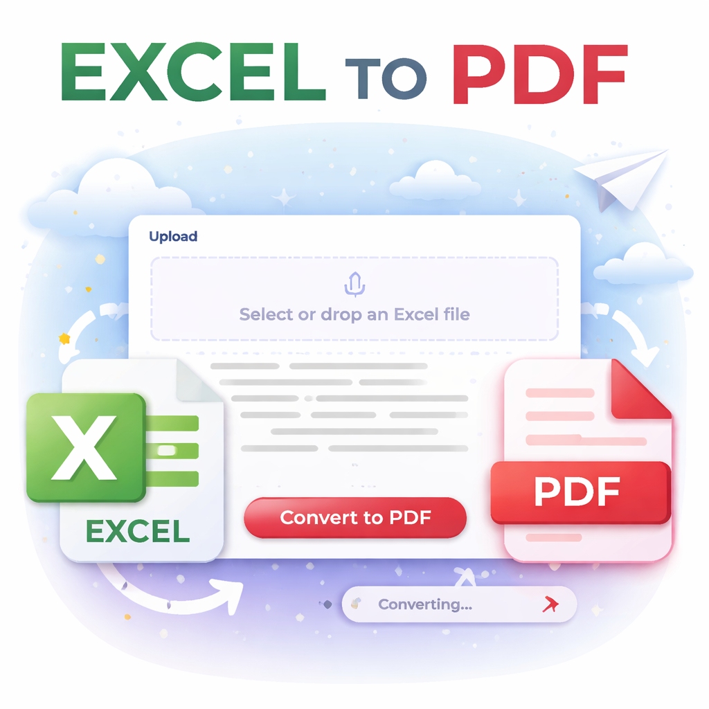 EXCEL TO PDF converter online free interface showing Excel file converting into PDF with upload area and convert button in a modern web app design.