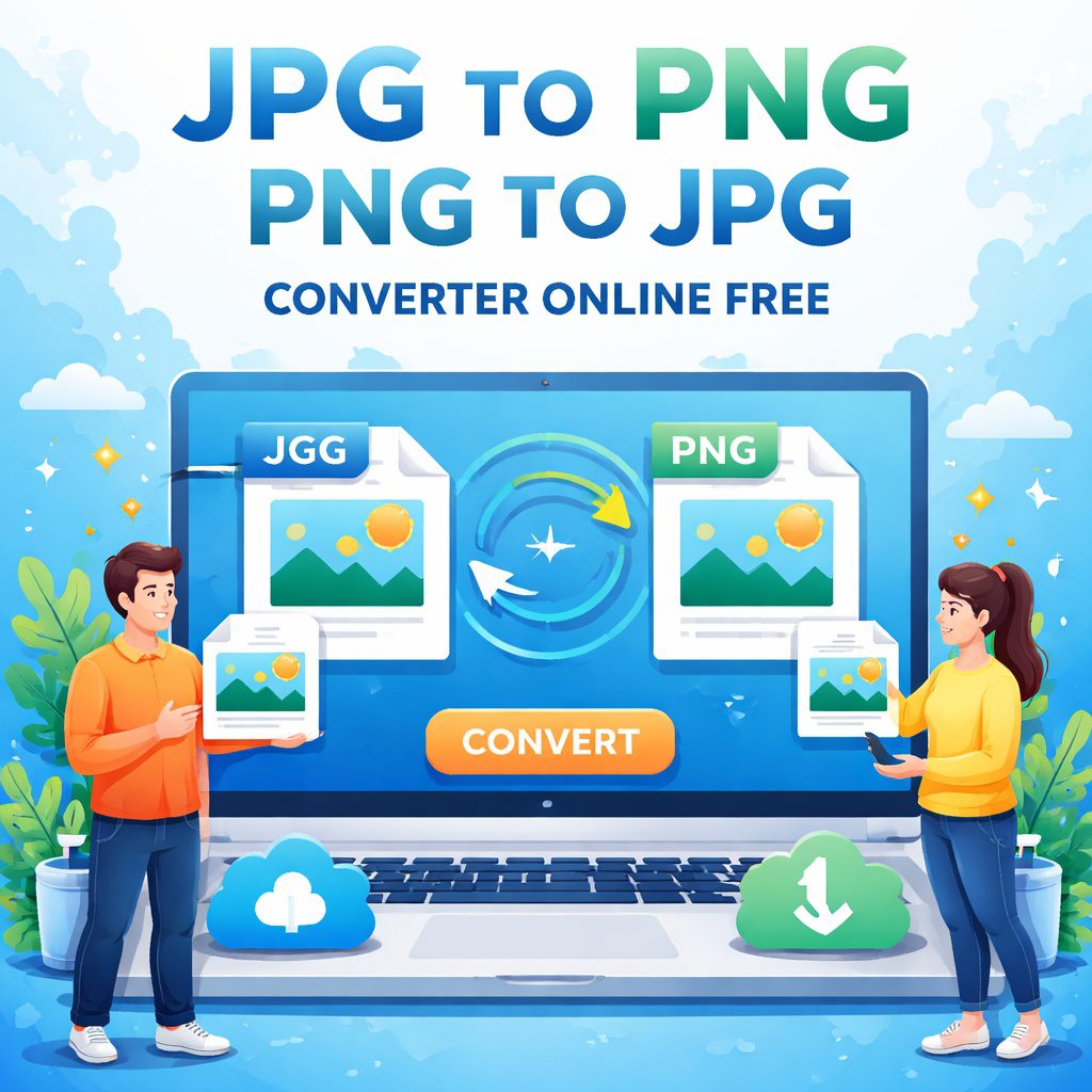 Illustration of an online JPG to PNG and JPG TO PNG - PNG to JPG converter tool showing image format conversion on a laptop screen.