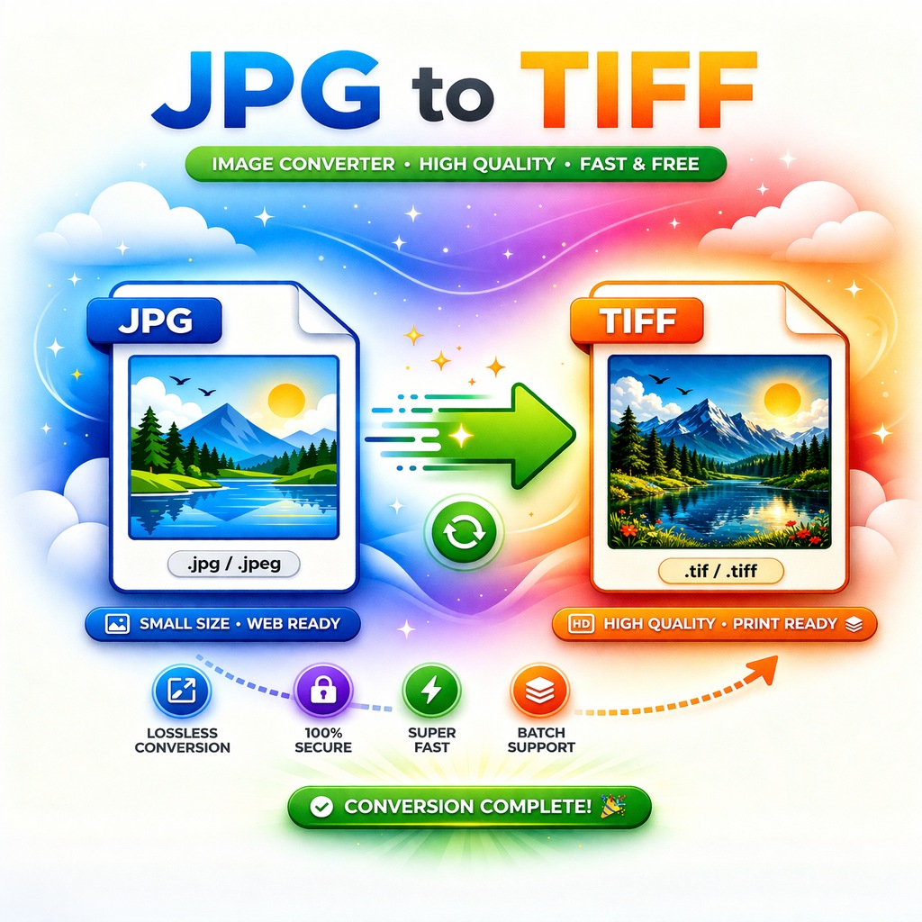 JPG to TIFF converter online free interface showing image upload area with JPG file converting into high-quality TIFF format in a modern web app design.