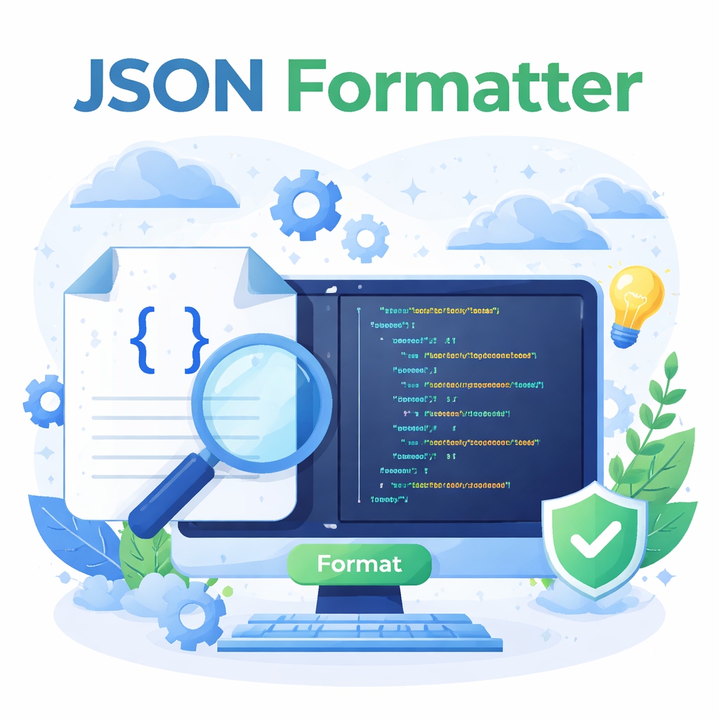 Illustration of a JSON FORMATTER tool showing formatted JSON code on a computer screen with formatting icons, representing an online JSON FORMATTER for clean and structured data.
