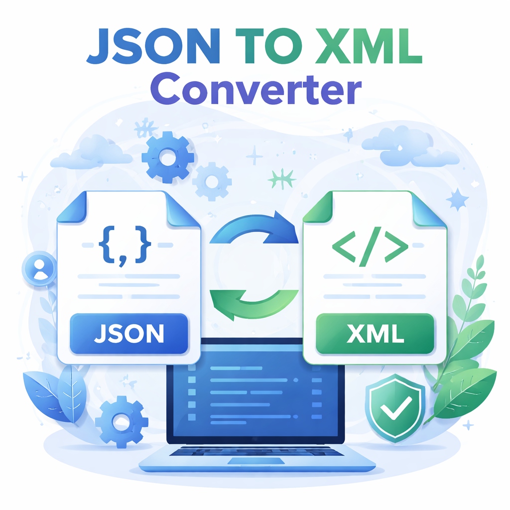 Illustration of a JSON TO XML converter showing JSON and XML file icons connected by conversion arrows on a laptop screen, representing online data format transformation.
