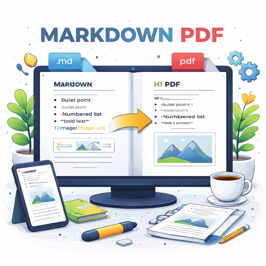 MARKDOWN PDF conversion illustration showing Markdown text transforming into a formatted PDF document on a computer screen using an online Markdown PDF tool.