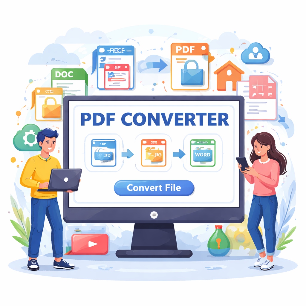 Illustration of an online PDF Converter tool showing file conversion from PDF to JPG and Word on a computer screen, with users converting documents easily.