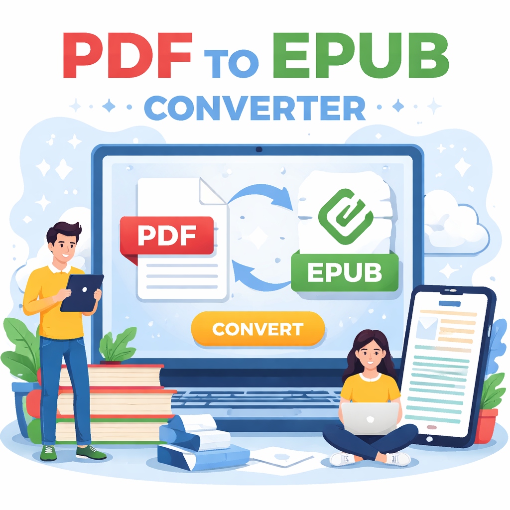 PDF TO EPUB converter online free illustration showing digital document conversion from PDF file to EPUB ebook format on laptop and mobile devices