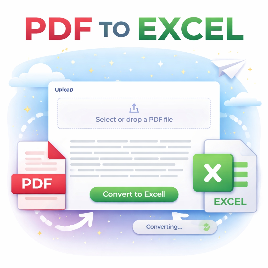PDF TO EXCEL converter online free interface showing PDF file upload and Excel file conversion in a modern professional web app design.