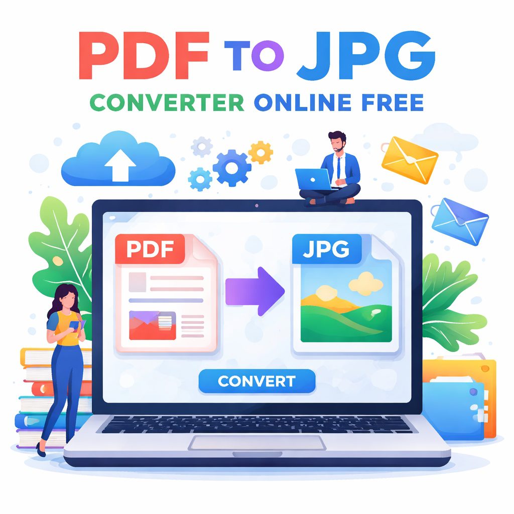 PDF TO JPG converter online free showing a laptop converting a PDF file into a JPG image quickly and easily.