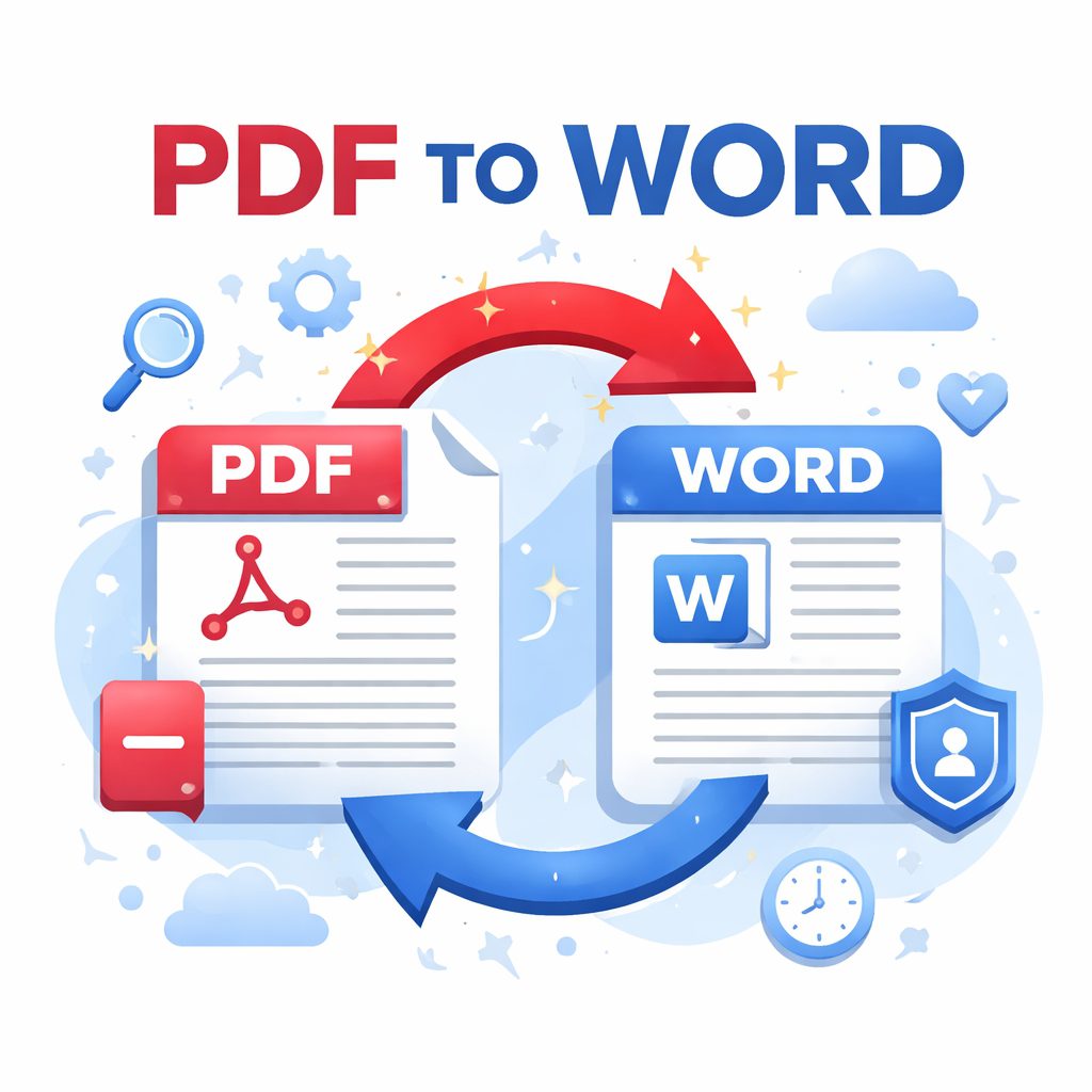 PDF TO WORD CONVERTER ONLINE FREE 1 PDF TO WORD converter online free illustration showing PDF to Word and Word to PDF file conversion process with editable document icons.