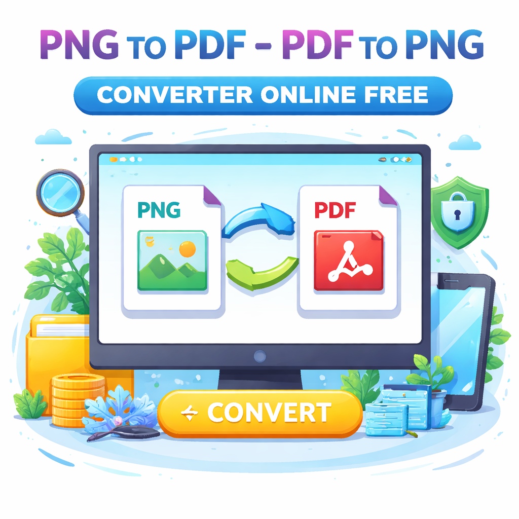 PNG TO PDF - PDF TO PNG converter online free interface showing image and document file conversion with secure and fast file transfer concept.