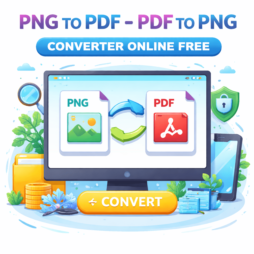 PNG TO PDF - PDF TO PNG converter online free interface showing image and document file conversion with secure and fast file transfer concept.