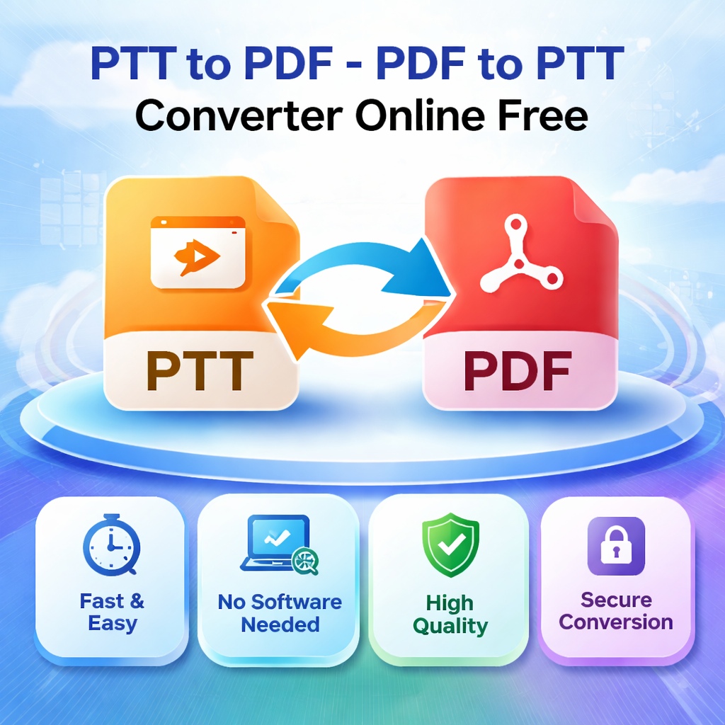 Illustration showing PPT to PDF - PDF to PPT file conversion with arrows between PowerPoint and PDF icons, highlighting fast, secure, and high-quality online presentation