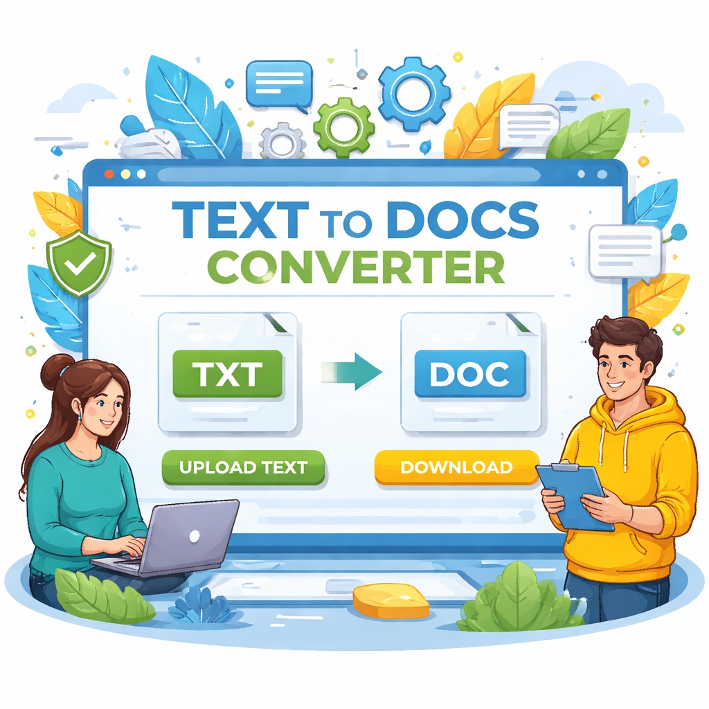 Illustration of a TEXT to DOCS converter tool showing TXT file upload, conversion process to DOC format, and download option with users working on laptop and tablet devices.