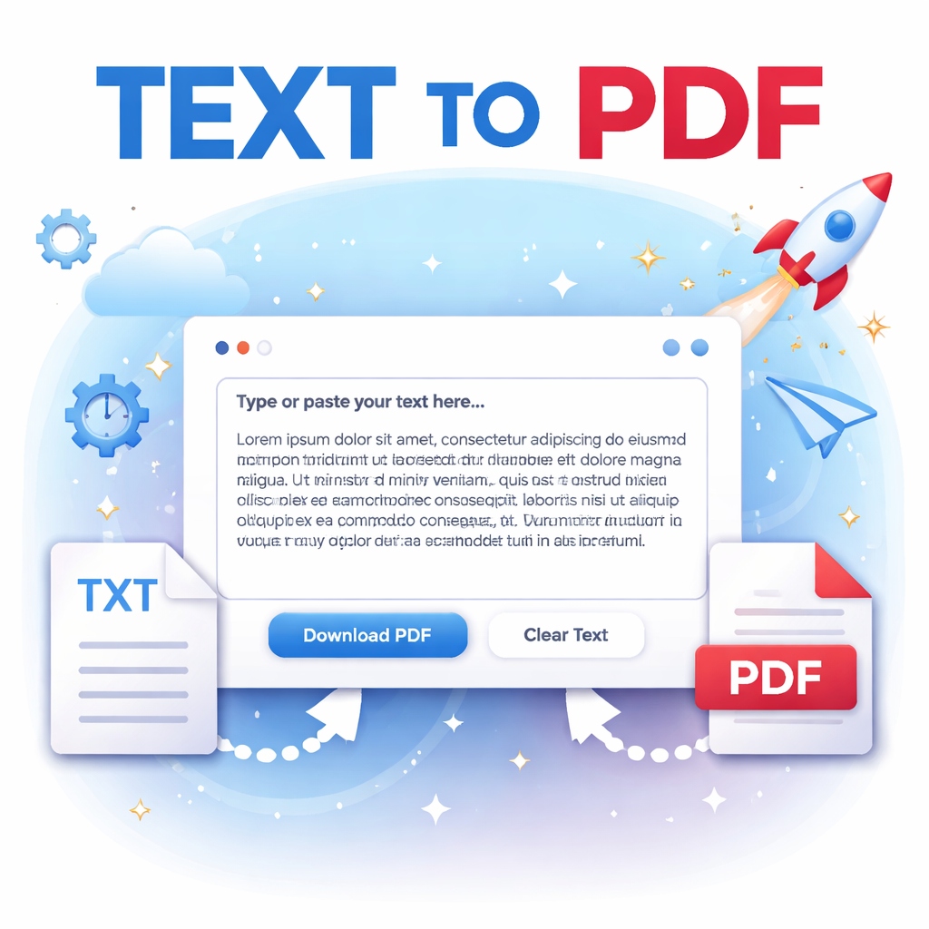 Modern TEXT TO PDF converter online tool interface showing text input area and PDF download option with clean professional design.
