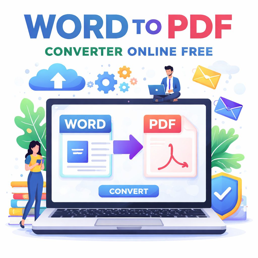WORD TO PDF converter online free showing a Word document being converted into a PDF file on a laptop screen.