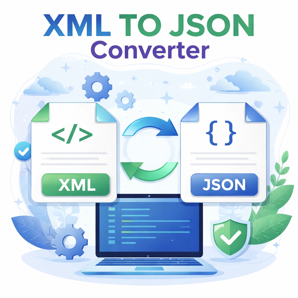 Digital illustration showing an XML TO JSON converter with XML and JSON file icons connected by arrows on a laptop screen, representing online data format conversion.