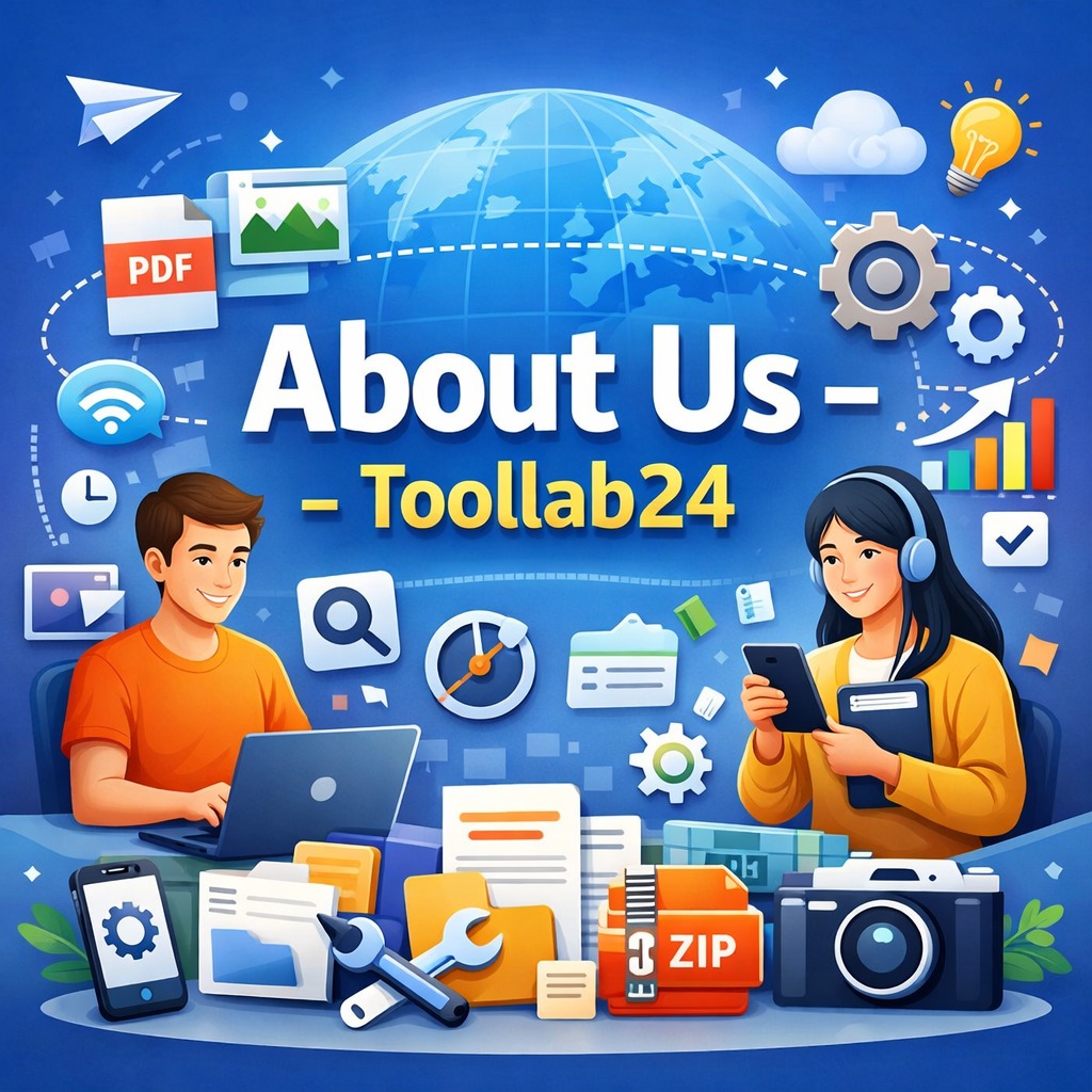 About Us 1 About Us Toollab24 illustration showing online tools platform with digital file conversion and productivity icons
