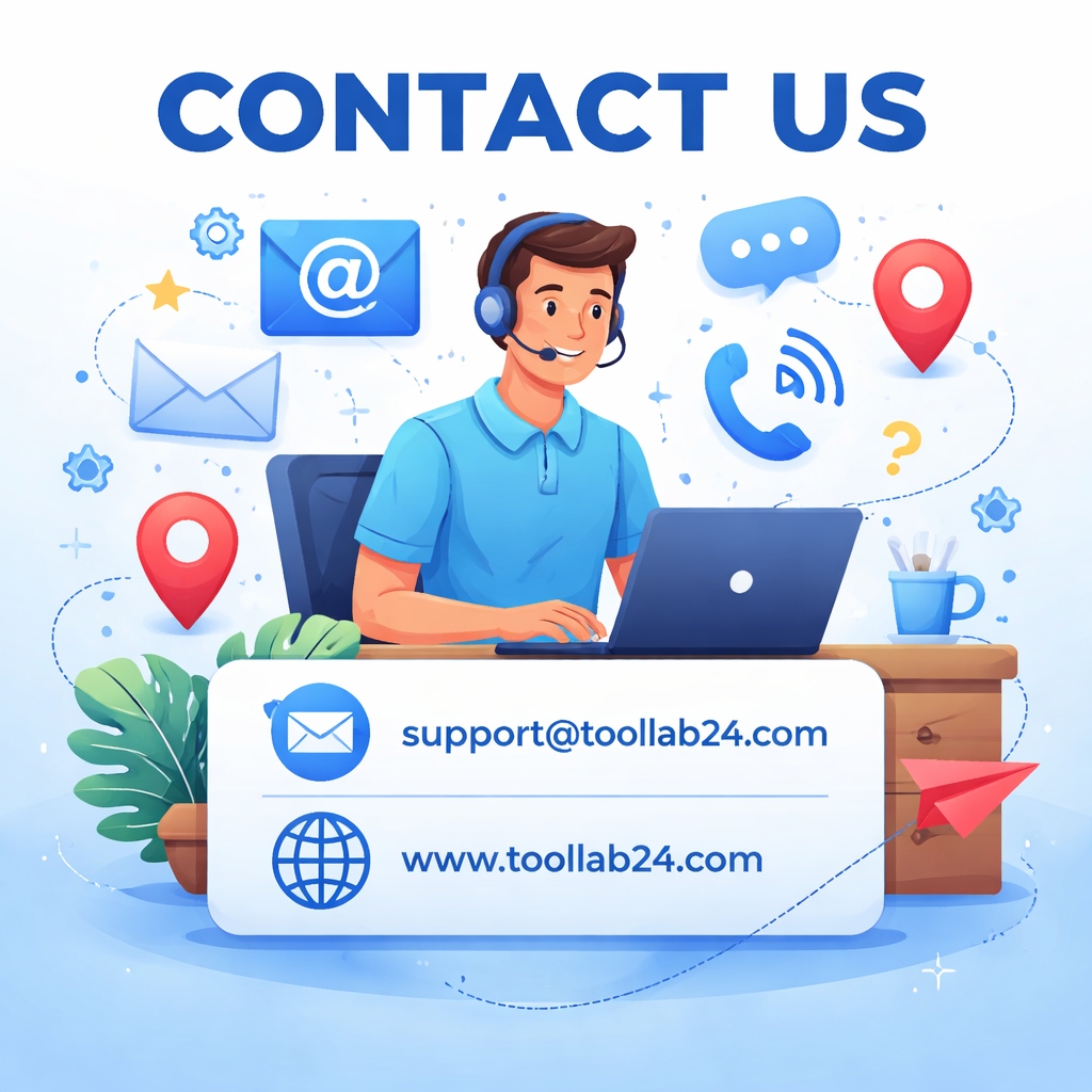 Contact Us page illustration showing Toollab24 customer support team helping users through email and online communication tools