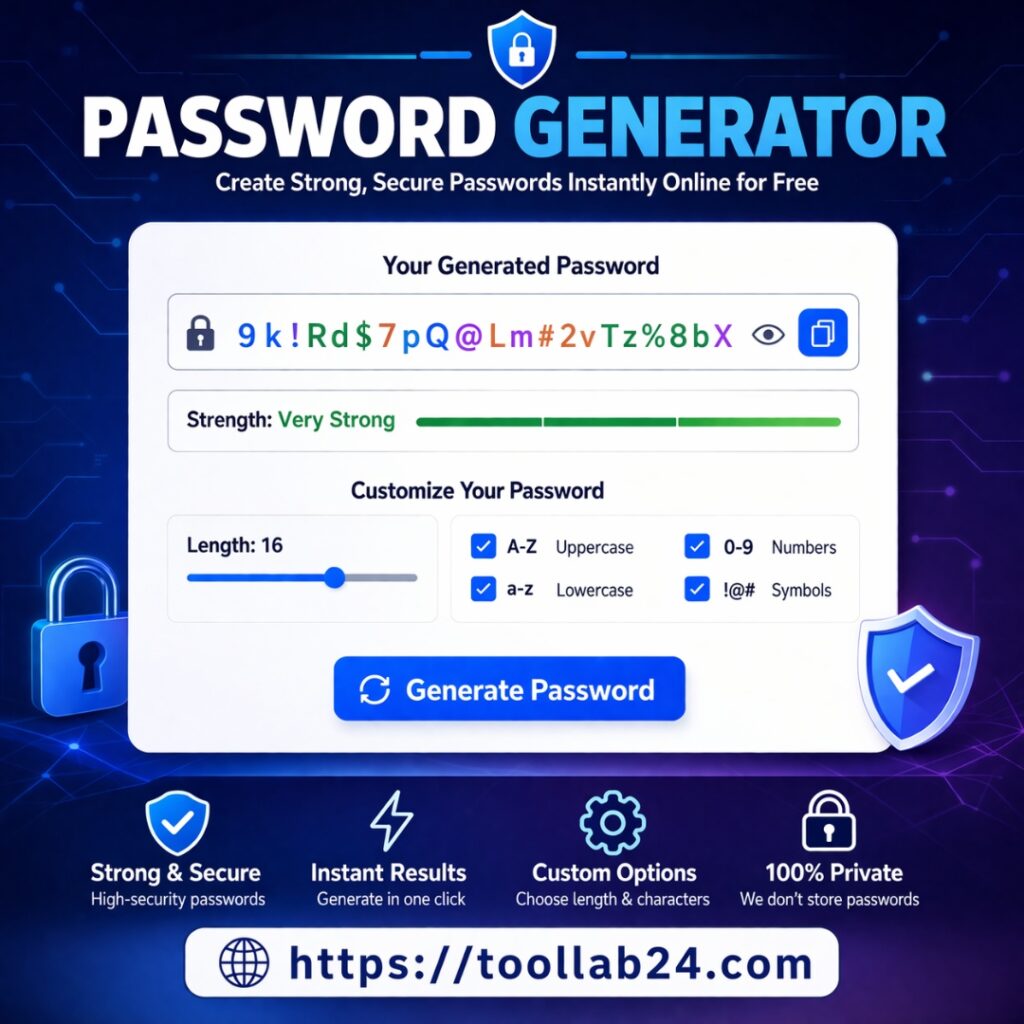 Password Generator online free tool interface creating strong secure passwords instantly with website https://toollab24.com