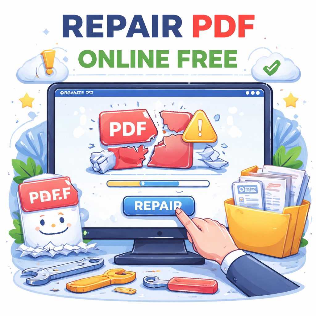 Repair PDF online free tool interface showing fixing of corrupted PDF file with repair option