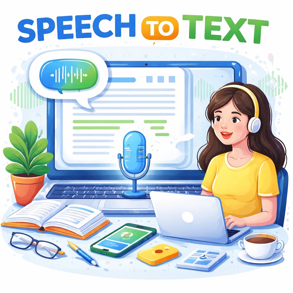 Speech to Text converter online free tool interface showing voice input converting audio into written text instantly on a digital screen.