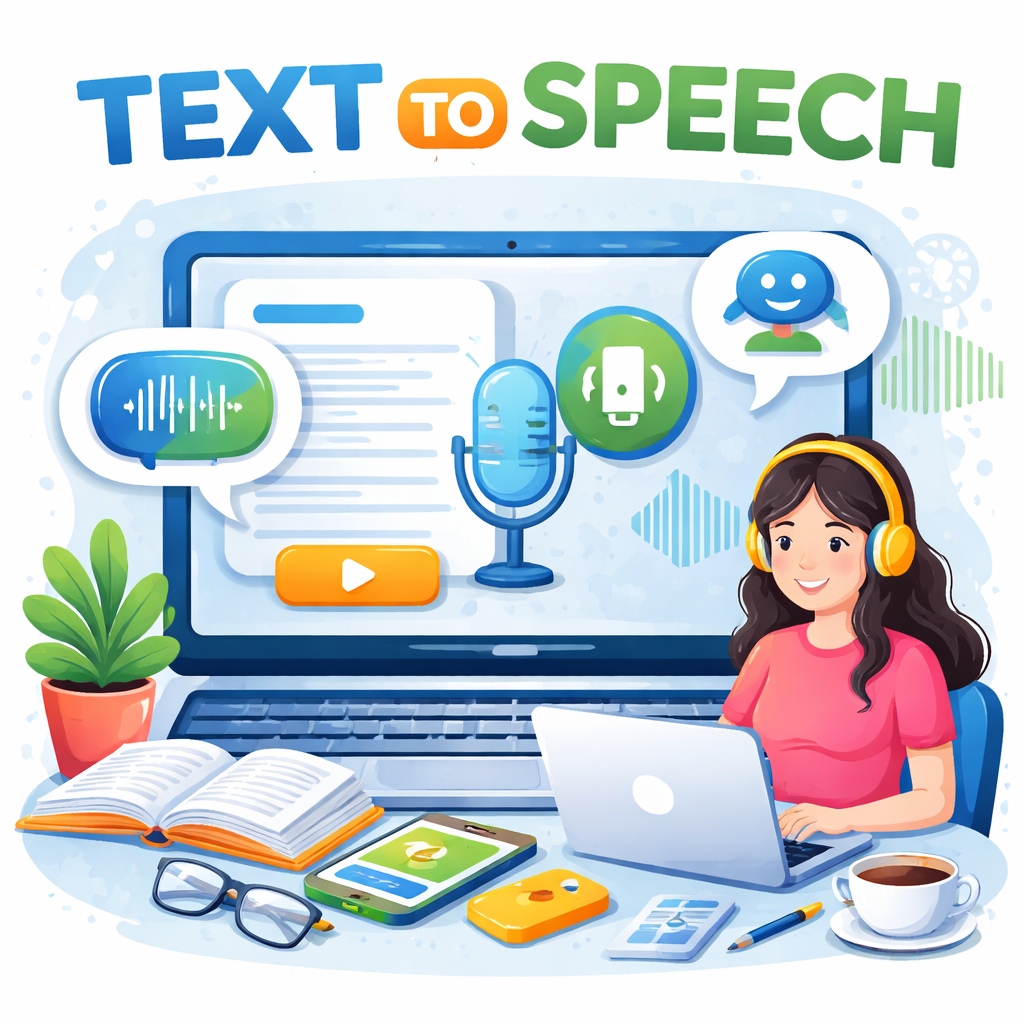 TEXT TO SPEECH converter illustration showing AI voice technology converting written text into audio on a laptop with microphone and sound wave icons