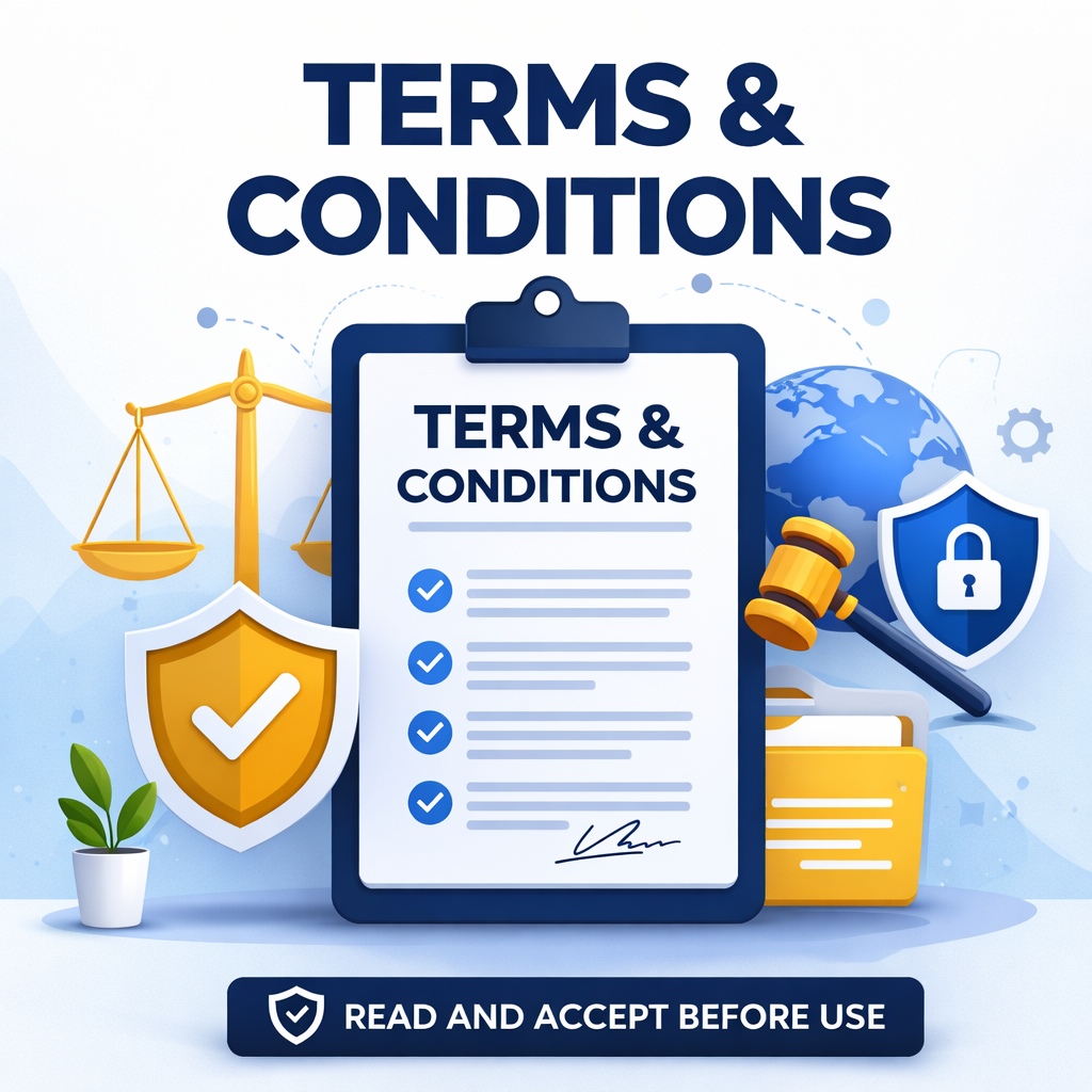Terms & Conditions 1 Terms & Conditions illustration showing legal agreement document, security shield, and website policy concept for Toollab24